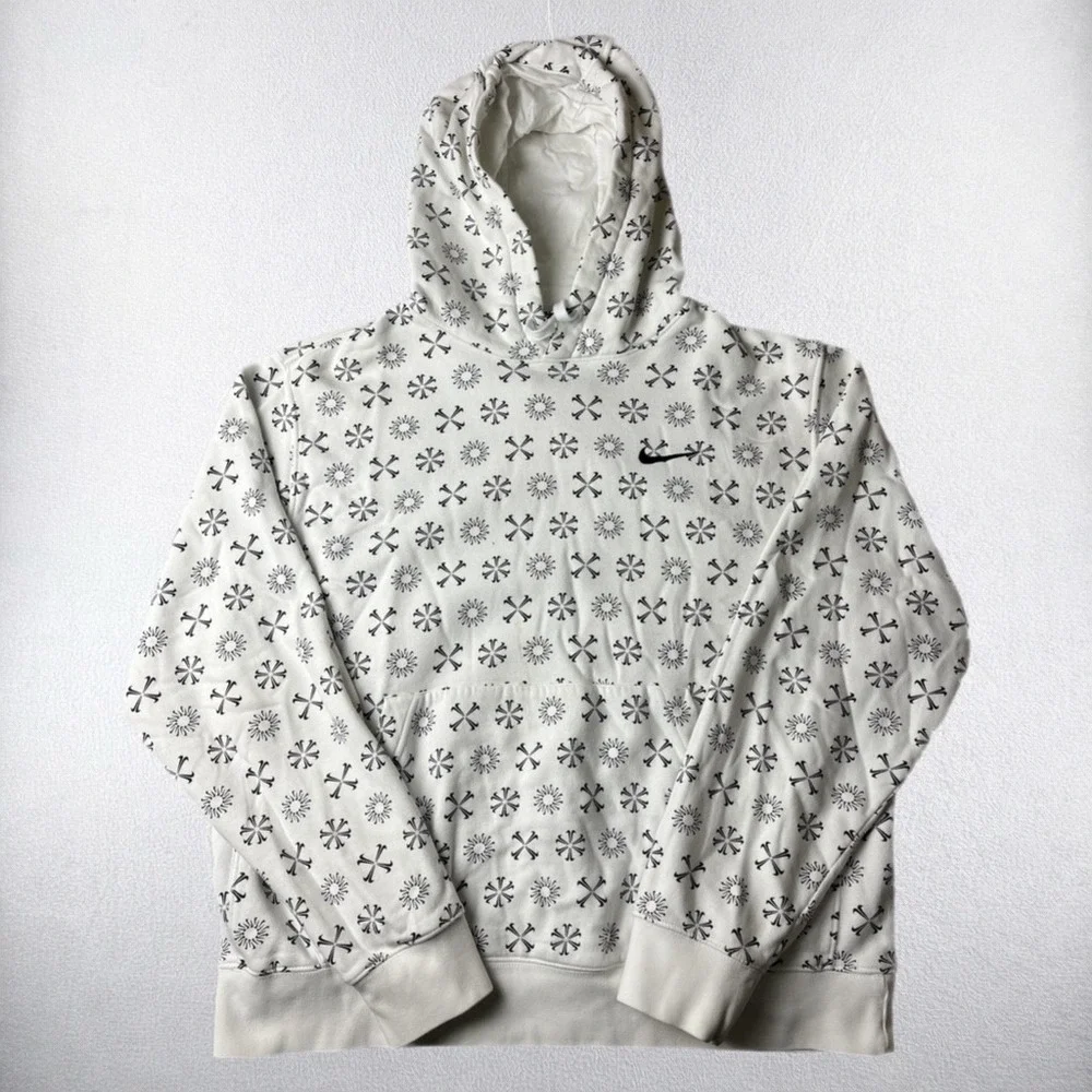 Nike Hoodie Mens Large White All Over Swoosh Cross Bones Pullover Sweatshirt
